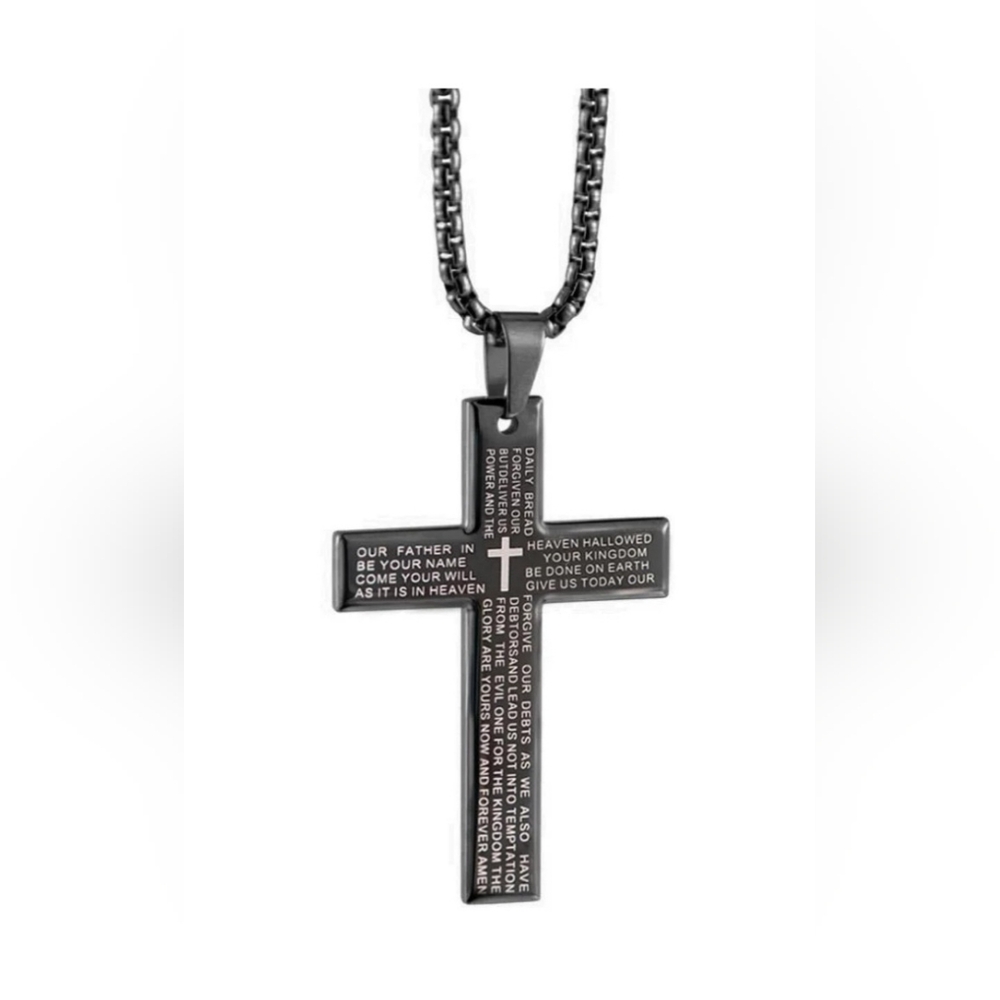Black Cross Pendant Necklace With The Lord's Prayer On It